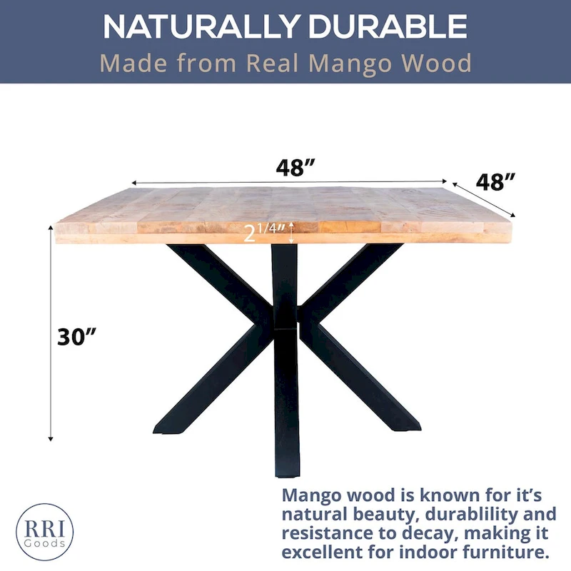48 Square Dining Table, Solid Mango Wood with Sturdy Metal Spider Leg