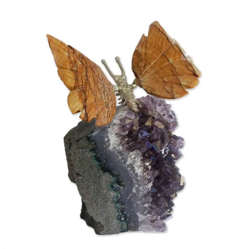 NOVICA Handmade Earthen Wings Jasper And Amethyst Gemstone Figurine (Brazil) - 3.1  H x 2.8  W x 2  D