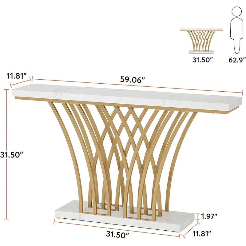 59 Inches Console Table,Gold and White Faux Marble Entryway Table