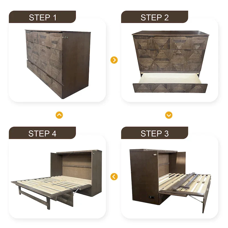 Farmhouse Style Full Size Cabinet Murphy Bed with Charging Station and Large Storage Drawer