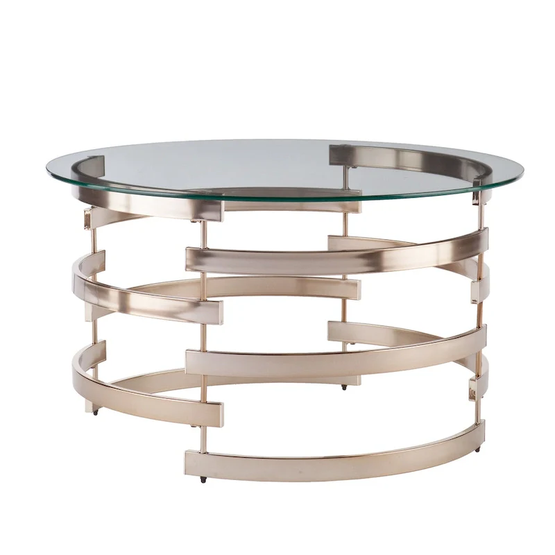 Round Glass Top Coffee Table – Champagne, Iron Base, Contemporary Style, Single