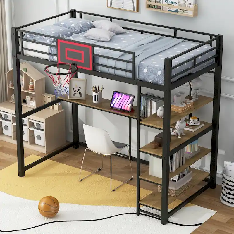 Industrial-Style Loft Bed with Basketball hoop, Twin Size Metal Loft Bed Frame with Built-in Desk and Shelf for Kids Boys Girls