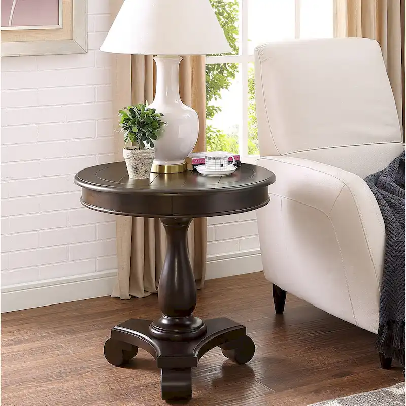 Round Wood Pedestal Side Table for Living Room, Espresso