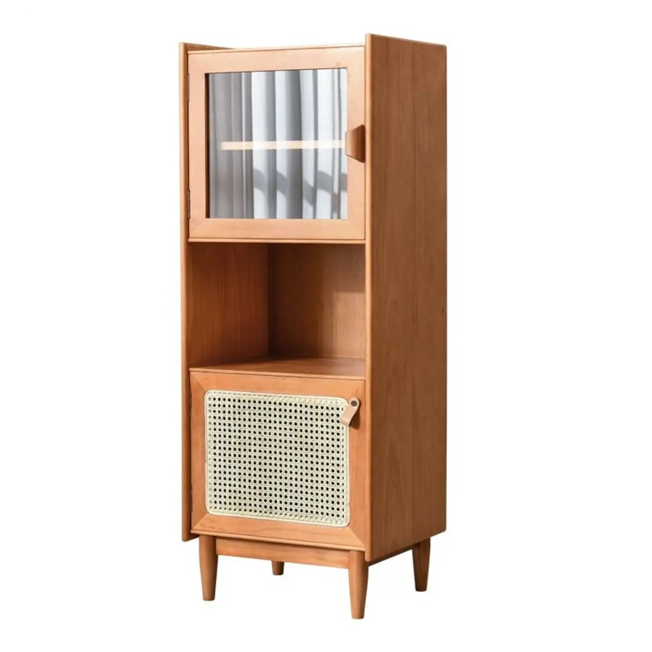3-Tier Versatile Natural Cherry Wood Glass Rattan Utility Cabinet