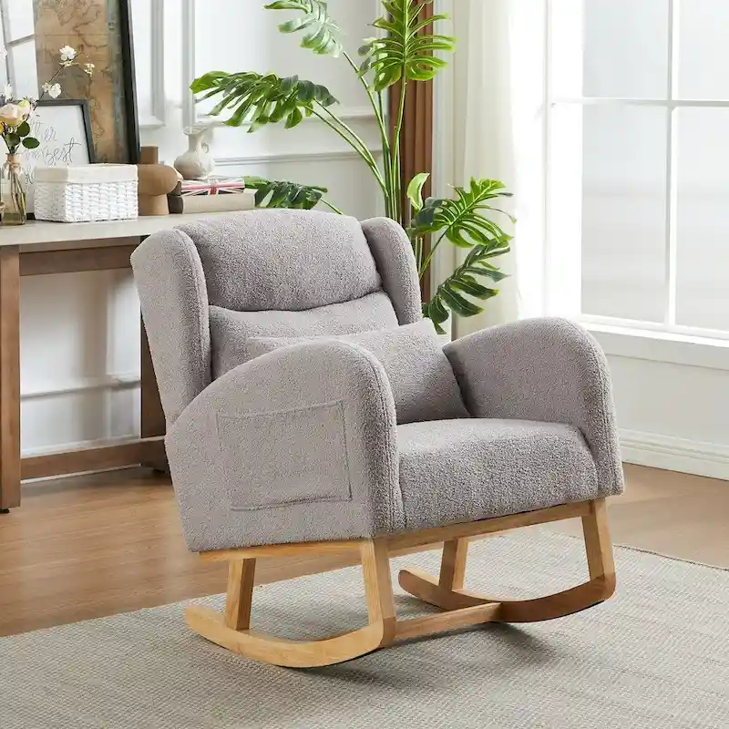 Modern Accent High Backrest Living Room Lounge Arm Rocking Chair, Two Side Pocket