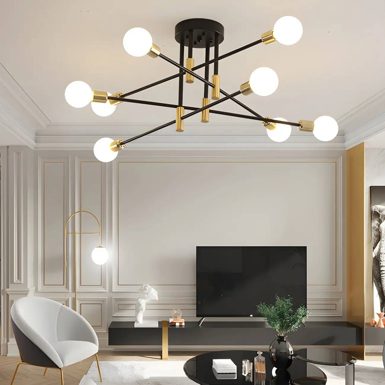 Modern Industrial Black Gold Sputnik Semi Flush Ceiling Light