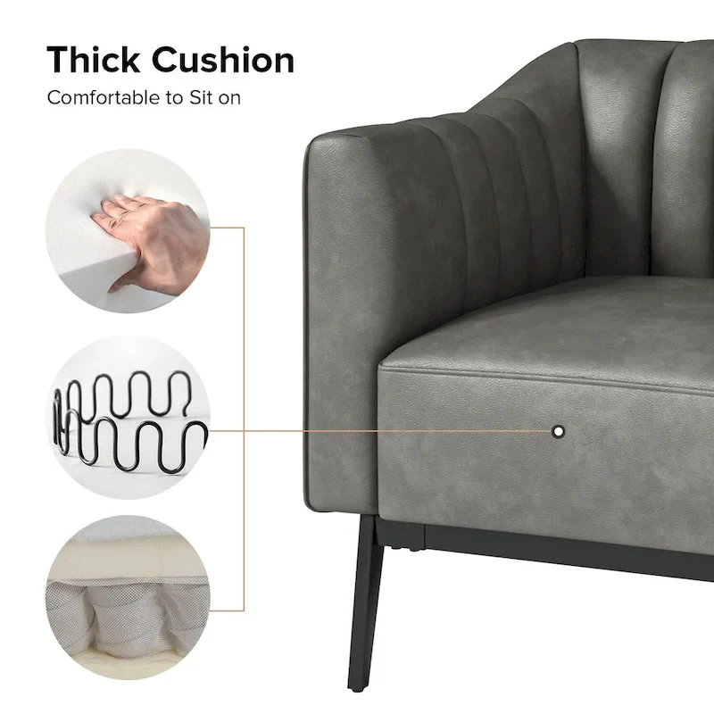 Channel Tufted PU Leather Accent Chair, Navy/Grey/Camel/Brown/Black, Metal Legs, Set of 2