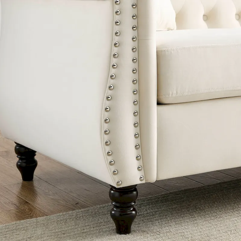 Beige Velvet Chesterfield 3 Seater Sofa with Rolled Arms, Nailhead Trim, 2 Pillows
