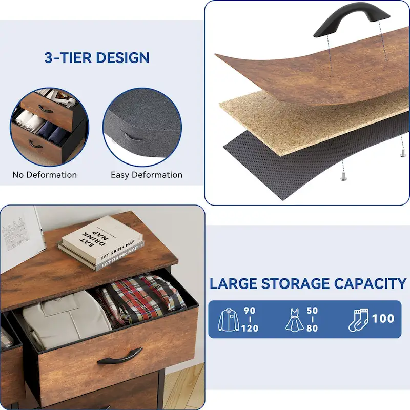 Moasis Rustic Wood-grain Badroom Dresser with Metal Frame, Wooden Top
