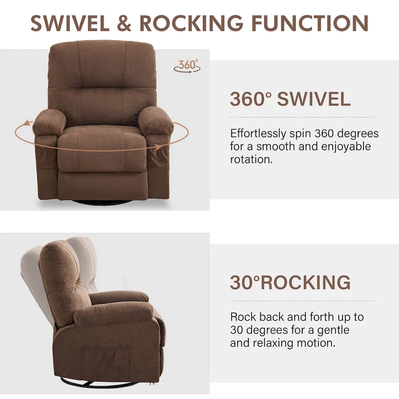 360 Linen Swivel Rocker Recliner with Side Pockets
