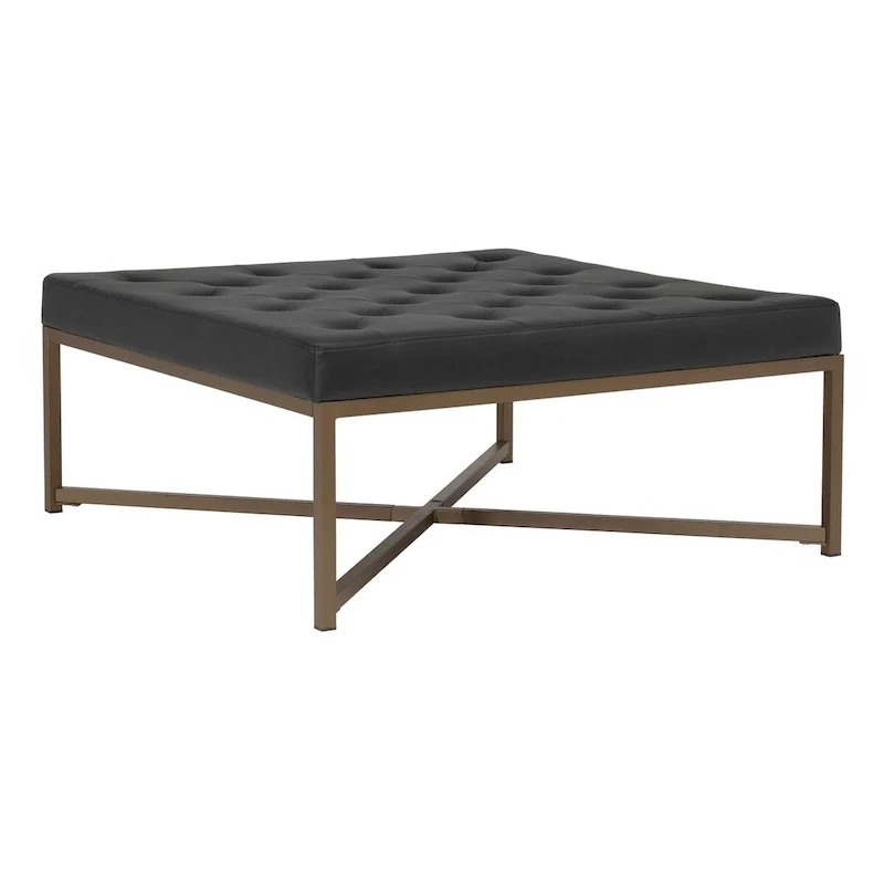 Metal and Tufted Leather Large Cocktail Ottoman