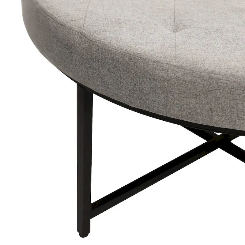 Tufted Round Cotton Linen Ottoman with Iron Frame