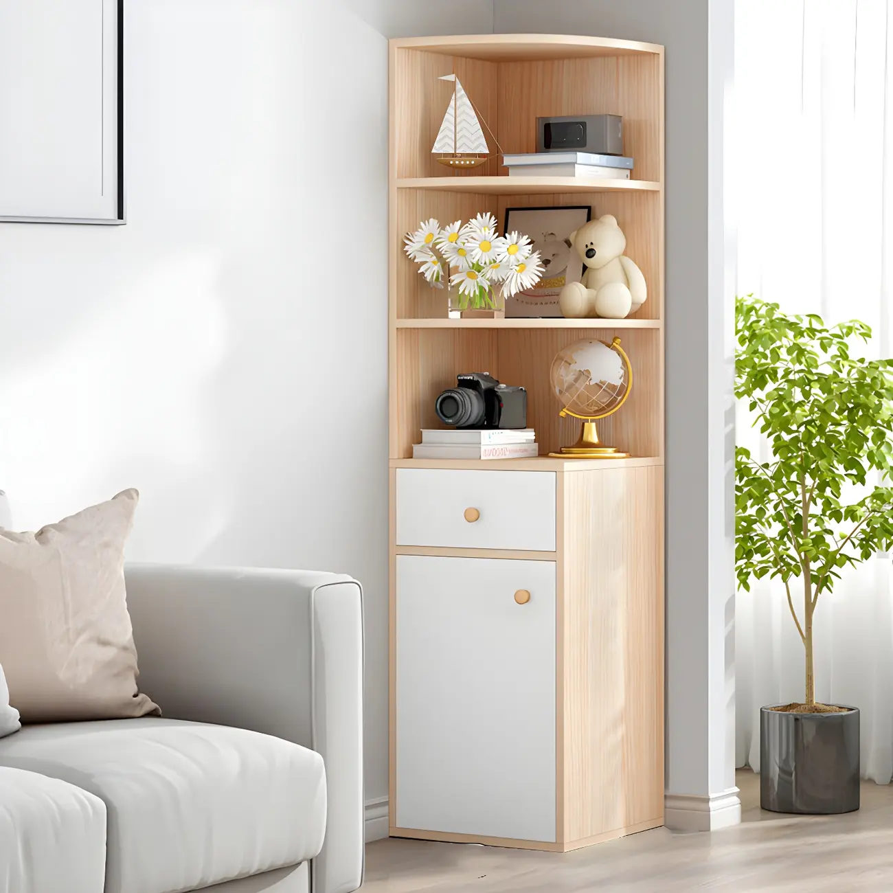 Contemporary White Wood Corner Bookcase with Cabinet