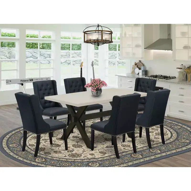 HomeStock 7-Piece Rectangle Natural Oak Finish Solid Wood Top Dining Table with 6 Parson Chairs