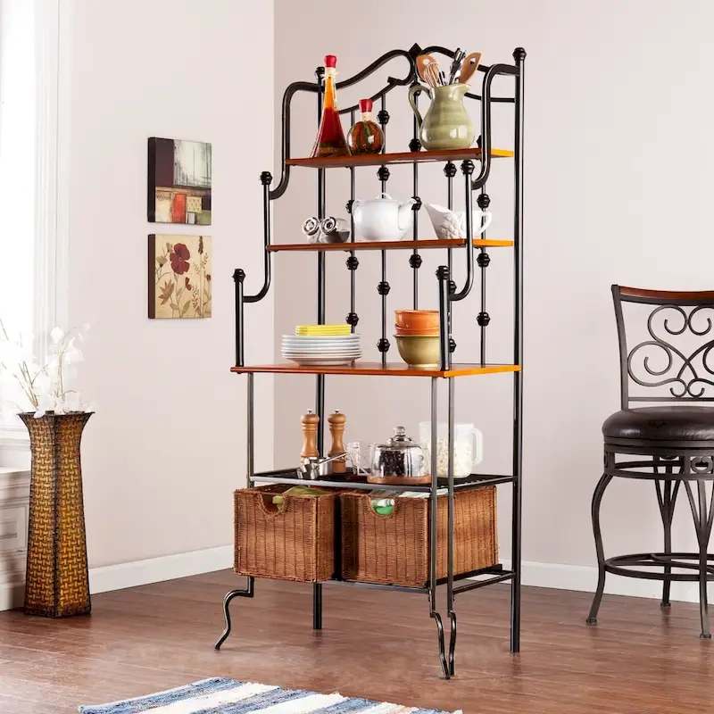 Black Baker's Rack with 2 Rattan Baskets, Wire Shelf and Oak Finish Shelves – Single Unit
