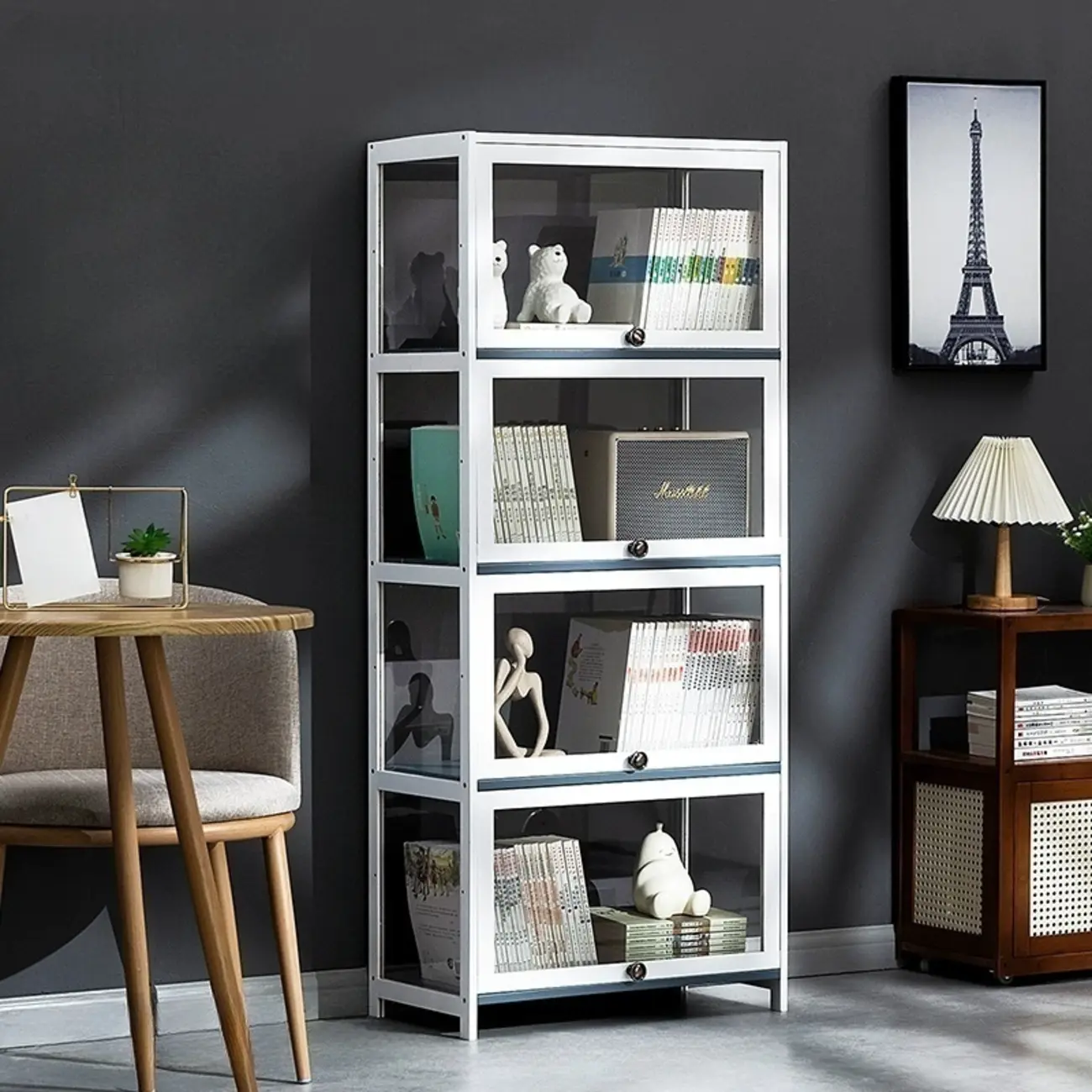 Modern White Bamboo Flip-Up Glass Display Cabinet