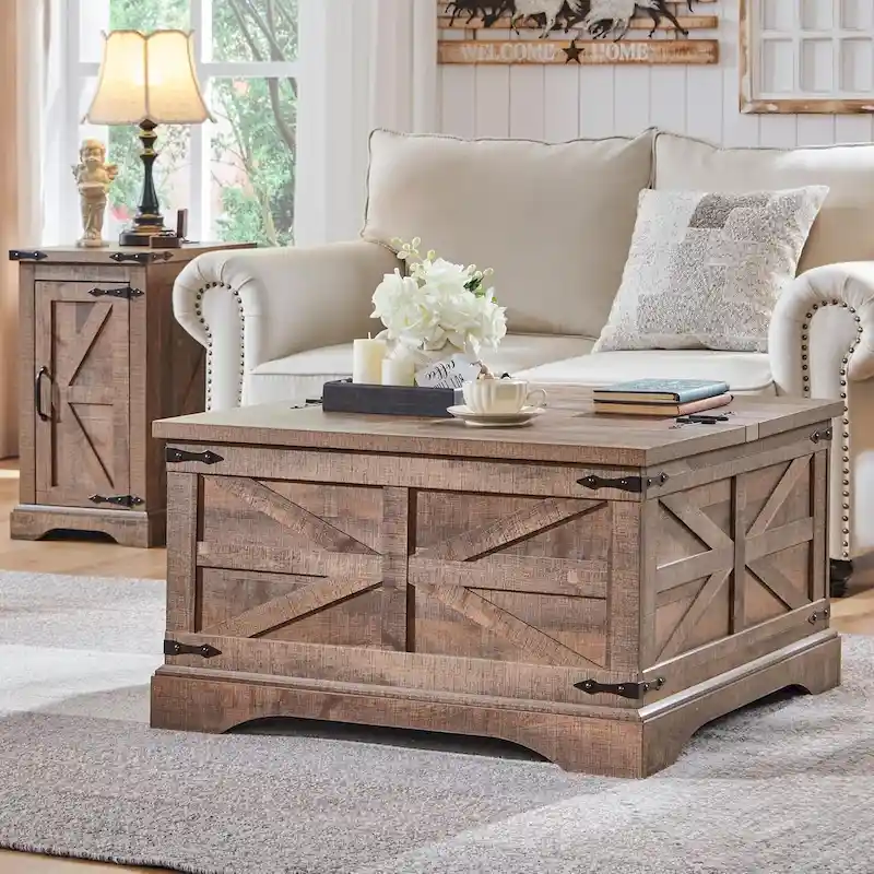 Farmhouse Coffee Table, Square Wood Center Table for Living Room