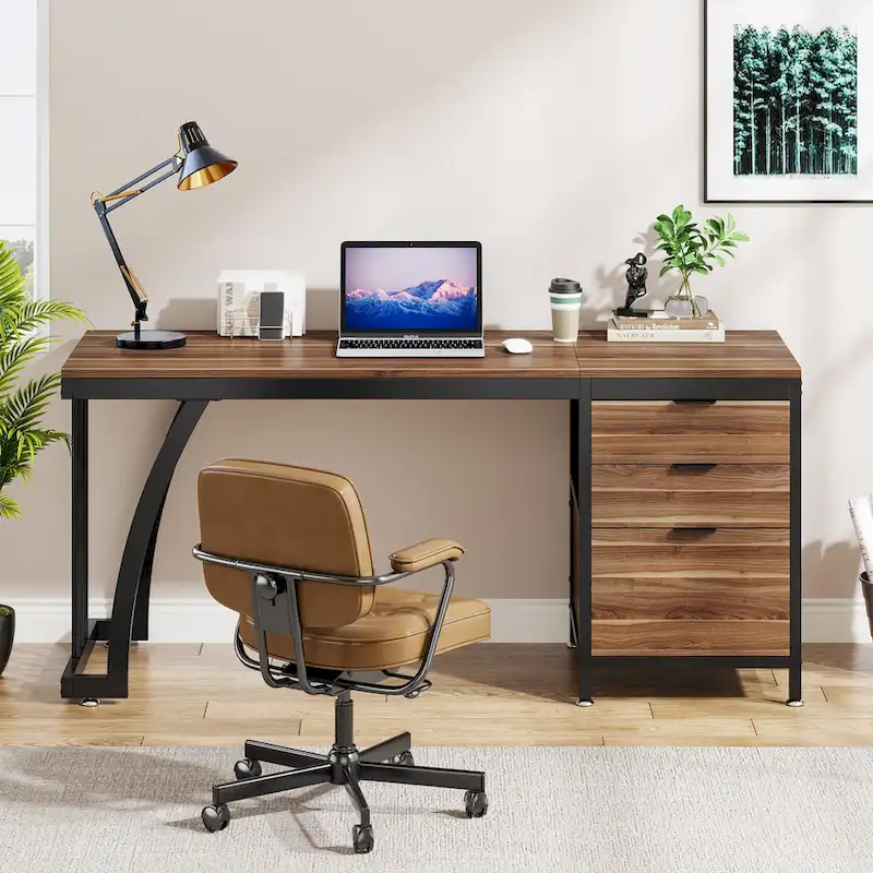 59-inch Wood/ Metal Computer Desk Writing Table with 3 Reversible Drawers