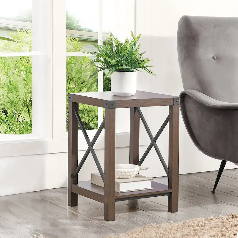 Ledel Rustic Farmhouse End Table Accent Side Table with Storage Shelf