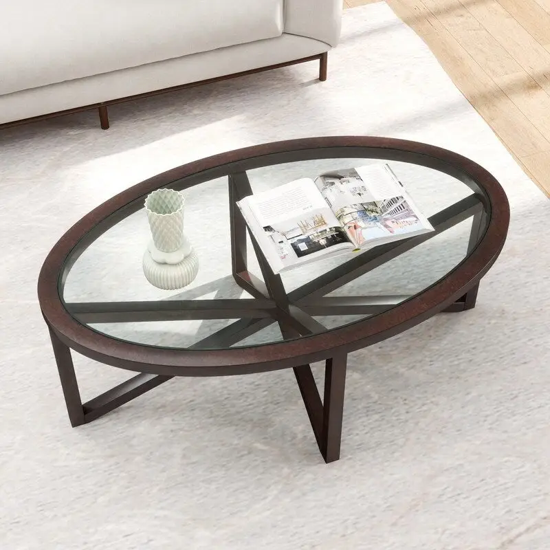 Modern Glass Coffee Table X-Cross Solid Wood Base End Table