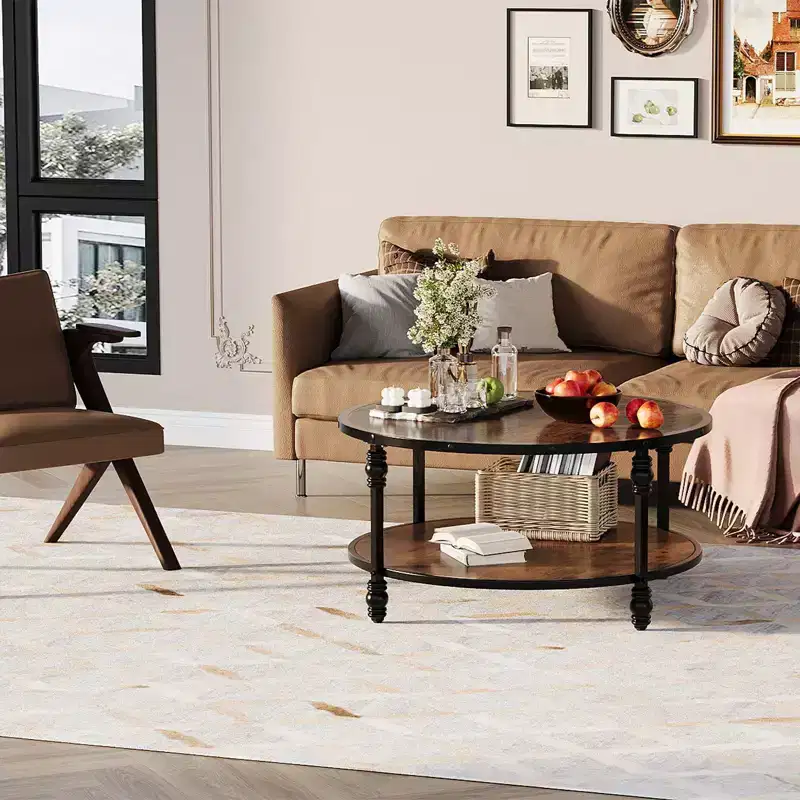 COZONY Round 2-Tier Rustic Coffee Table with Wood Top & Sturdy Roman Column Metal Legs, Easy Assembly Living Room Center Table