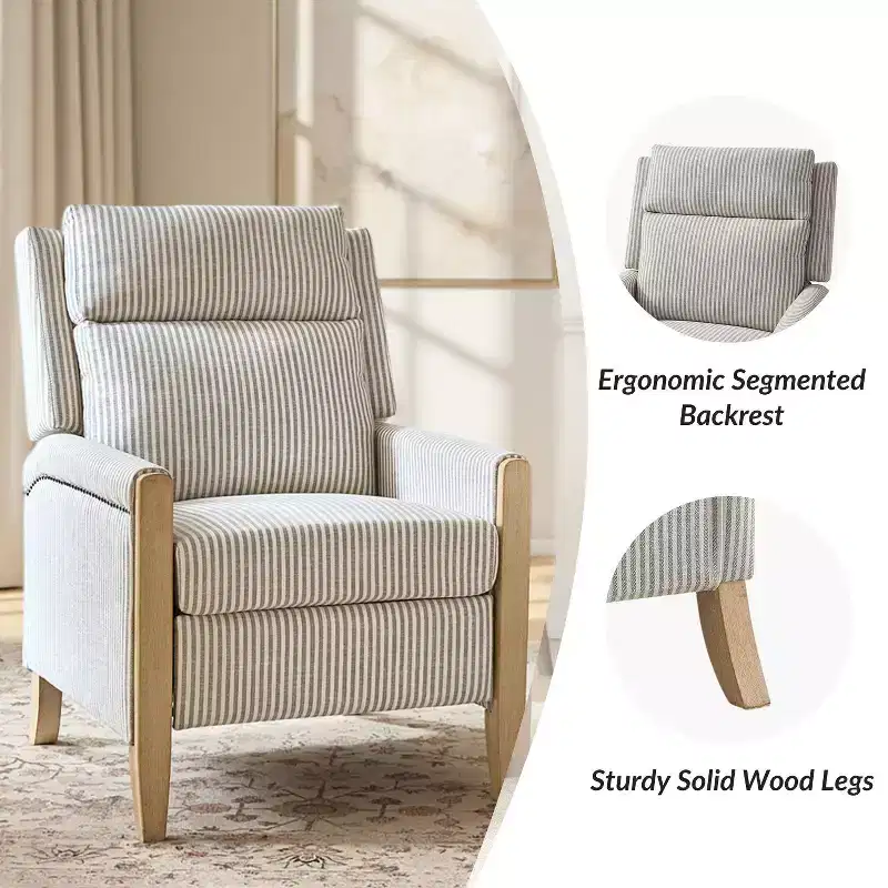 Upholstered Push Back Recliner, Set of 2 — Beige / Blue / Grey / Stripe