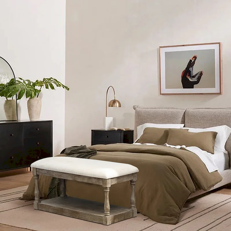 Upholstered Beige Linen Entryway and Bedroom Bench - 17.75 H x 35.5 W x 15.75 D