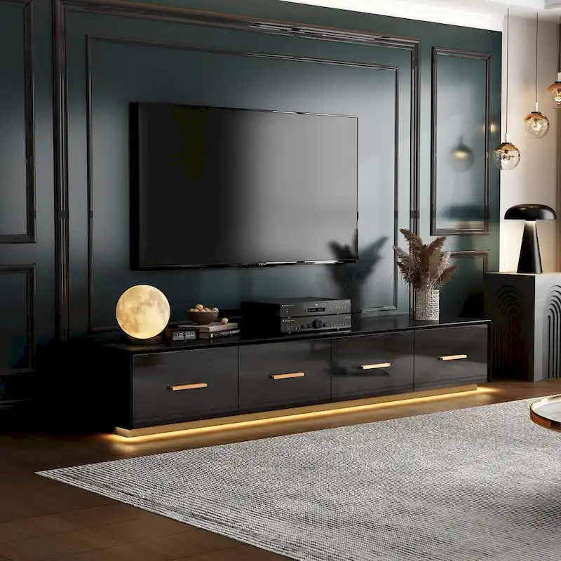 Black Entertainment Center Spacious Luxurious TV Stand Golden Accents