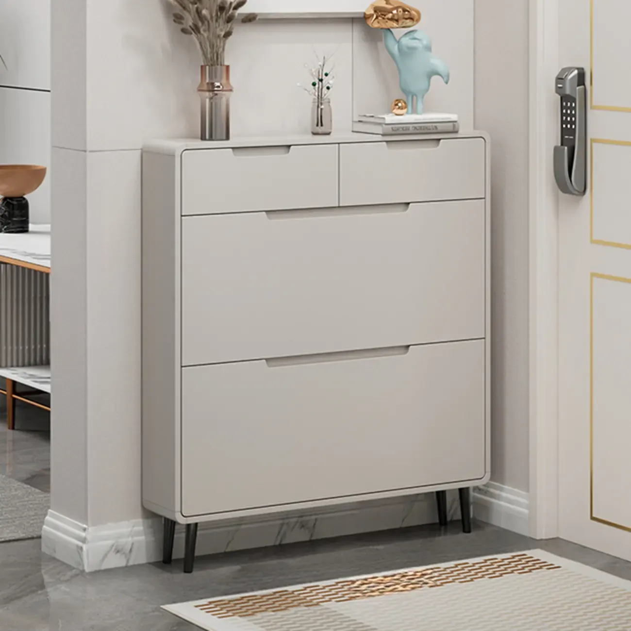 Drop-Front Beige Wood Entryway Shoe Cabinet with 2-Drawer