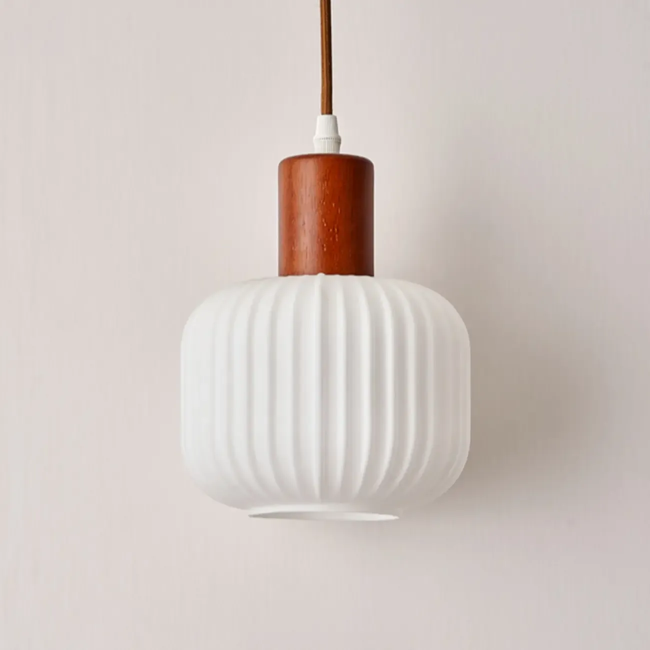 Modern White Glass Pendant Light with Solid Wood Accent