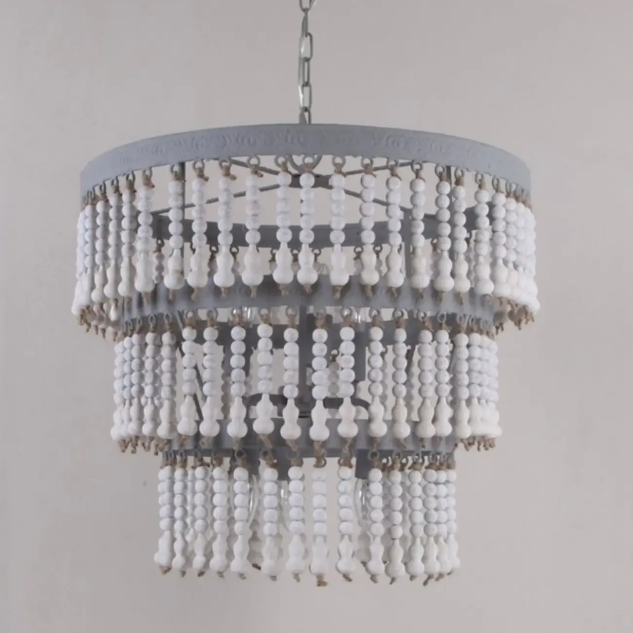 3 Tiers White Wood Beaded Chandelier with Elegant Design