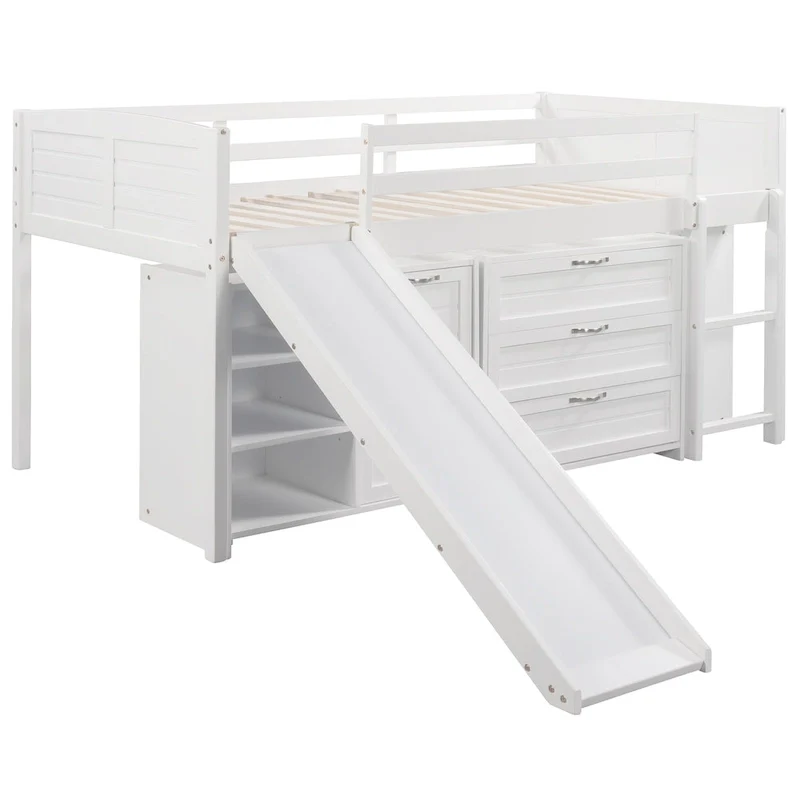Twin Pine Low Loft Bed with Cabinets, Shelves, and Slide