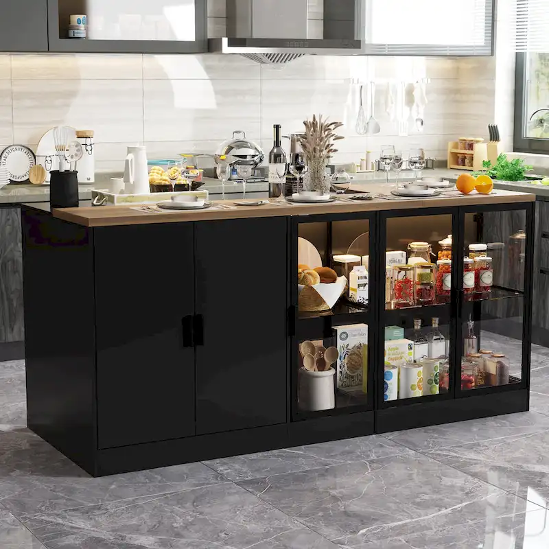 Kitchen Island with Drawers & Glass Cabinets, Converts to Office Desk