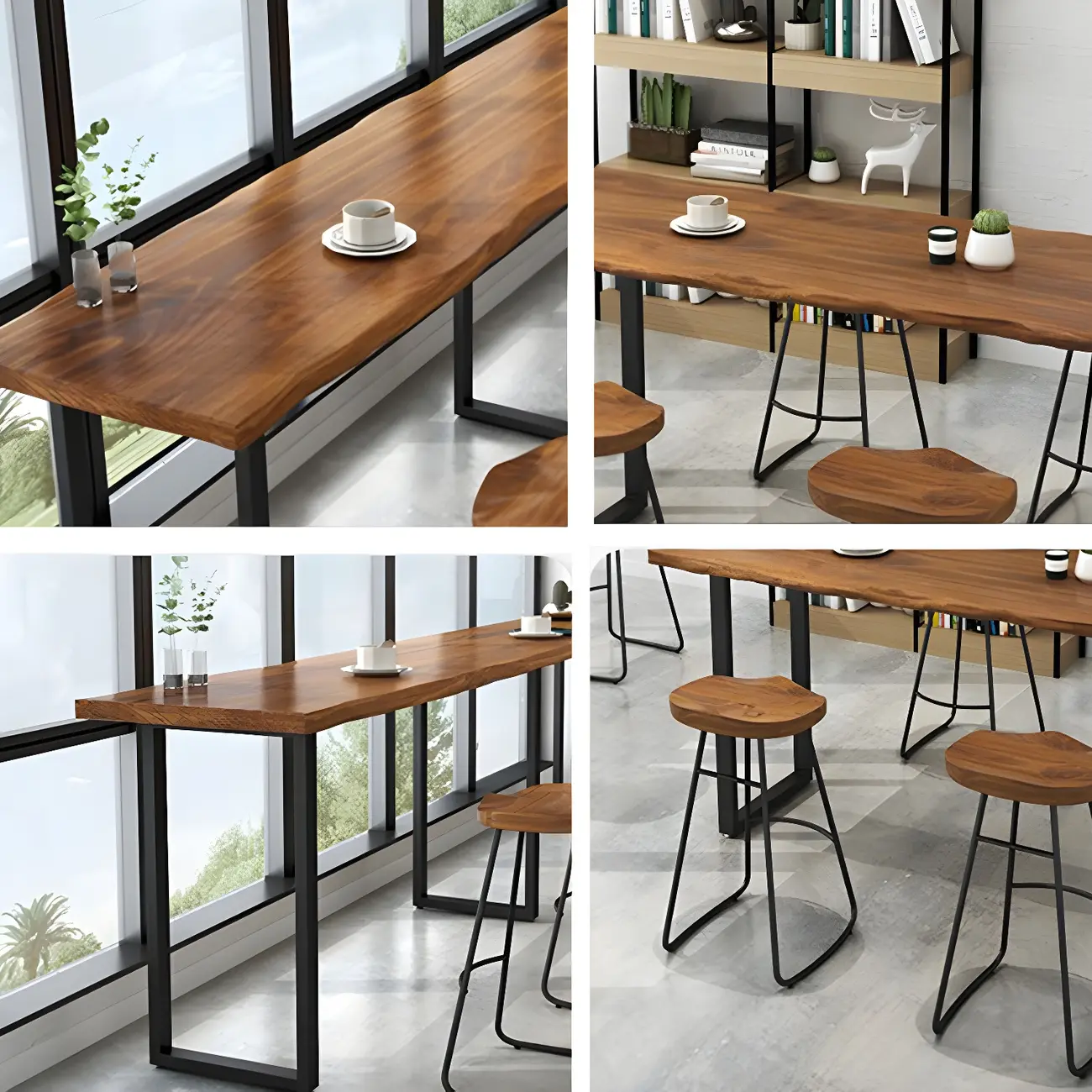Pine Wood Rectangular Metal Base Bar Table Brown
