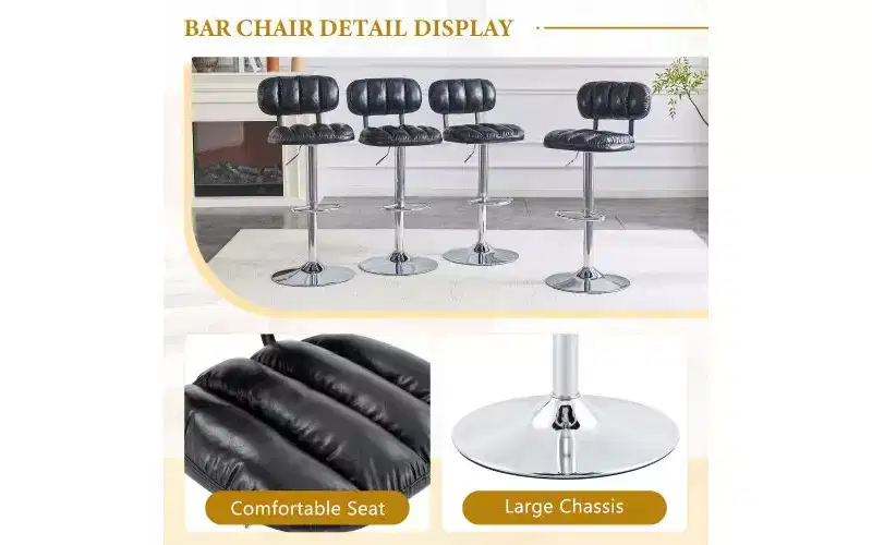Black / White Adjustable Height Bar Stool, PU Leather, Low Back, Armless, Set of 2