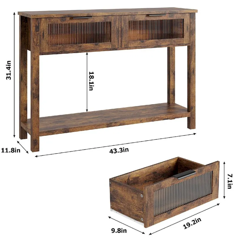 Wood Entryway Table, Console Table with 2 Glass Drawers