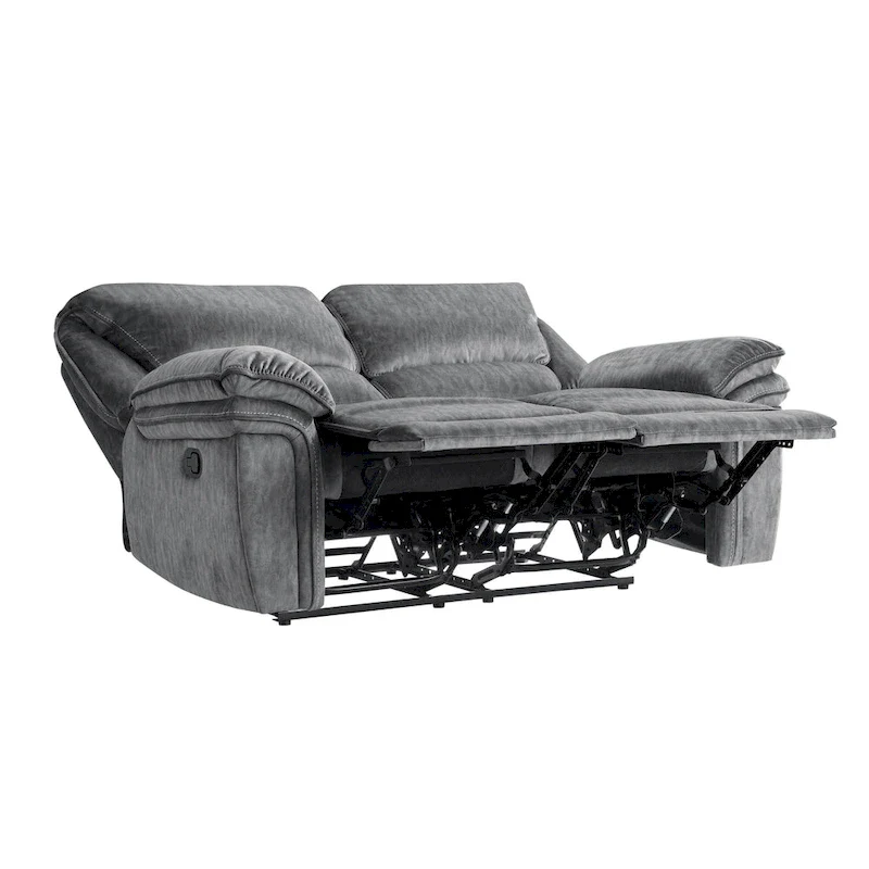 Muir 65 Inch Manual Recliner Loveseat, Tufted Gray Microfiber, Solid Wood