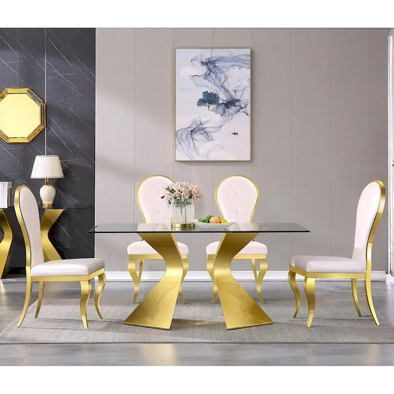 Modern Luxurious White Leather Dining Chairs with Polished Gold Stainless Steel Legs