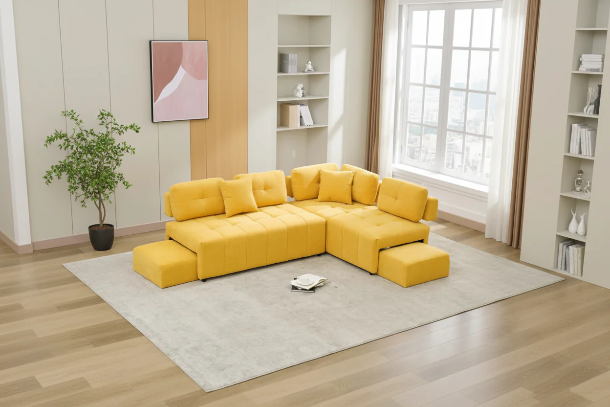 91.73 L-Shaped 4 Seater Sectional Sofa with 2 Hidden Stools, 2 Removable Lumbar Pillows, and Durable Chenille Upholstery