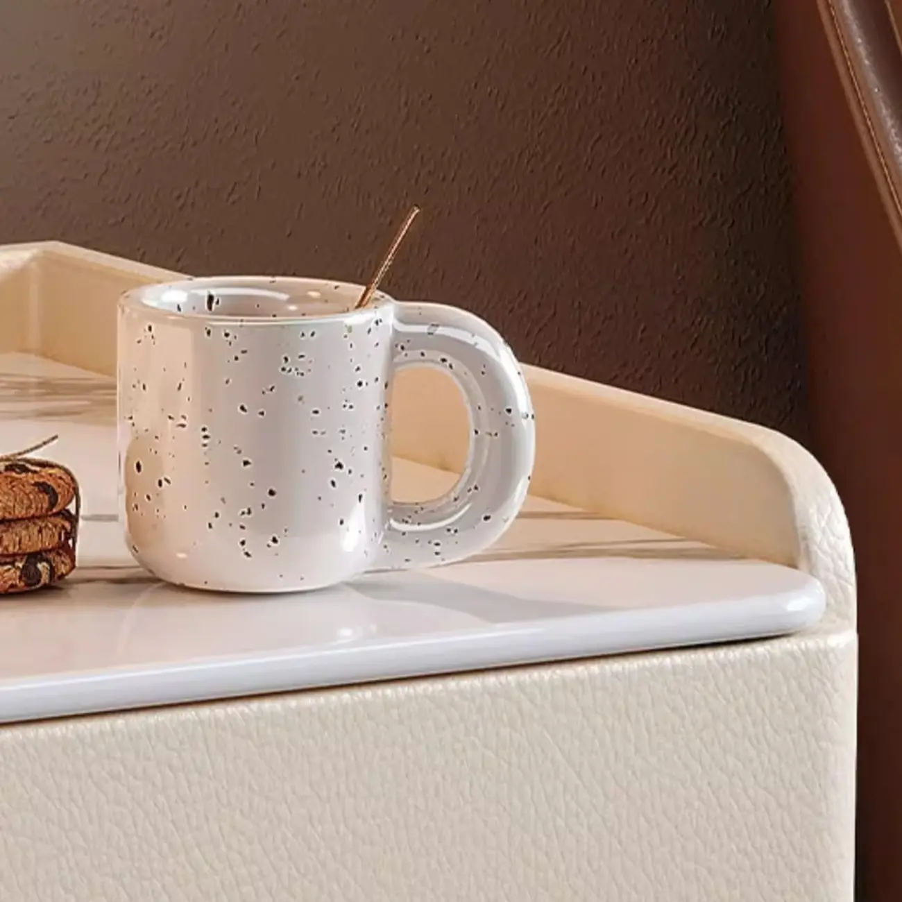 Modern Leather Tray Stone Top 2 Drawers Nightstand