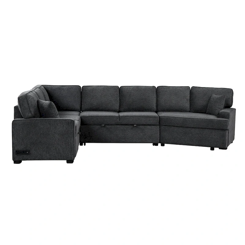 Black 126  L-Shaped 6-Seater Sofa with Pull-Out Bed and Cup Holders