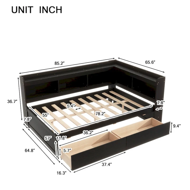 Full Bed with L-shaped Bookcases, Drawers ,Espresso