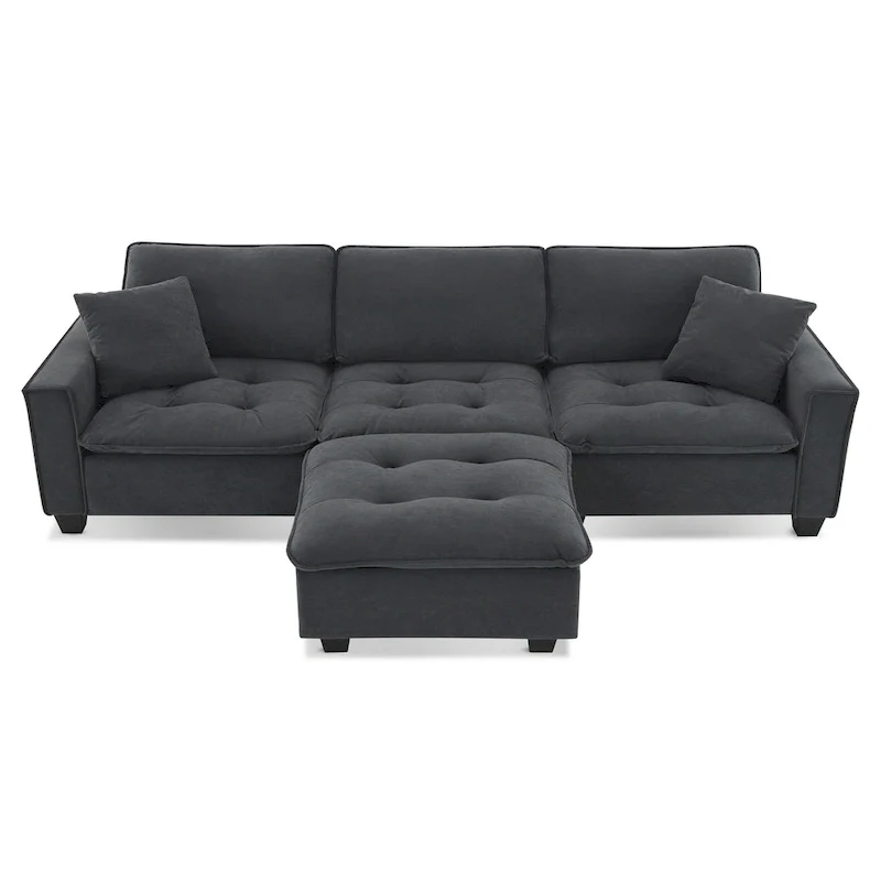 100 L-Shaped Convertible 4 Seater Sectional Sofa with Removable Ottoman and Matching Pillows, Suede Velvet Upholstery