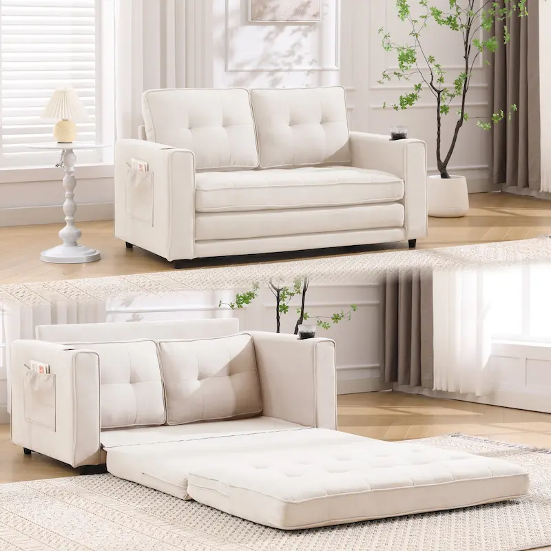 Foldable Tufted Loveseat with Pull Out Bed and Side Pockets