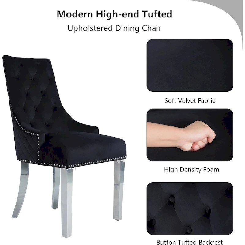 Velvet Dining Chairs Set of 2, Upholstered Tufted Nailhead Dining Room Chairs with Stainless Steel Legs & Lion Head Pull Ring