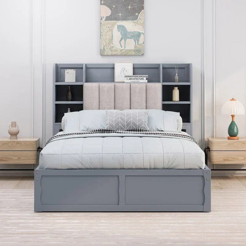 Full Size Bed Frame with 4 Storage Drawers and Upholstered Headboard