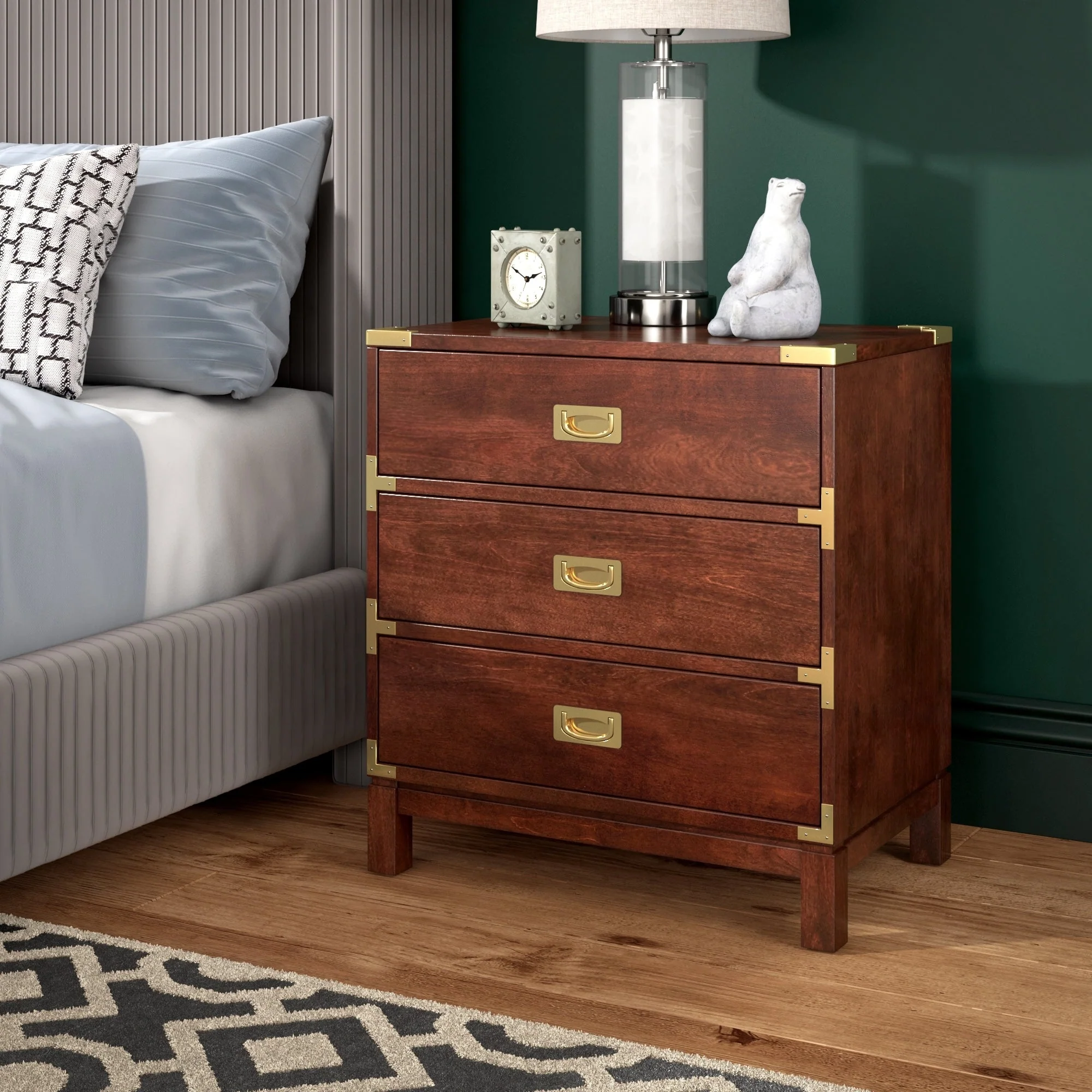 Valoria 3-Drawer Gold Accent Nightstand