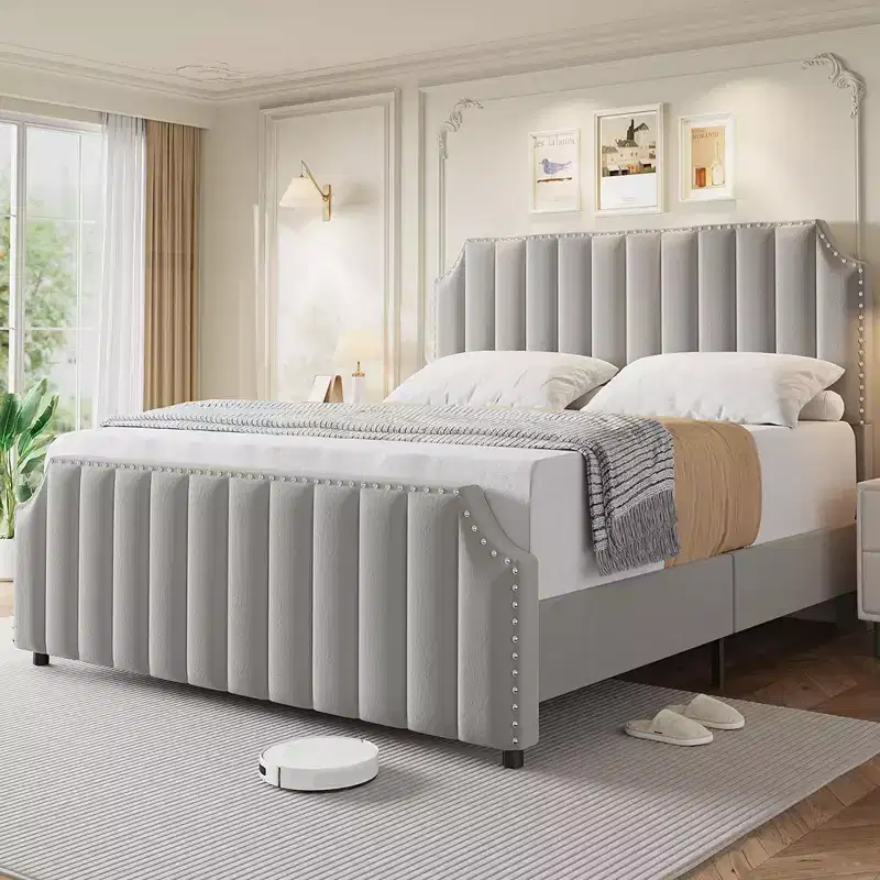 Black Flannel / Light Gray Upholstered Queen Platform Bed Frame with Headboard & Footboard – Sleeps 2