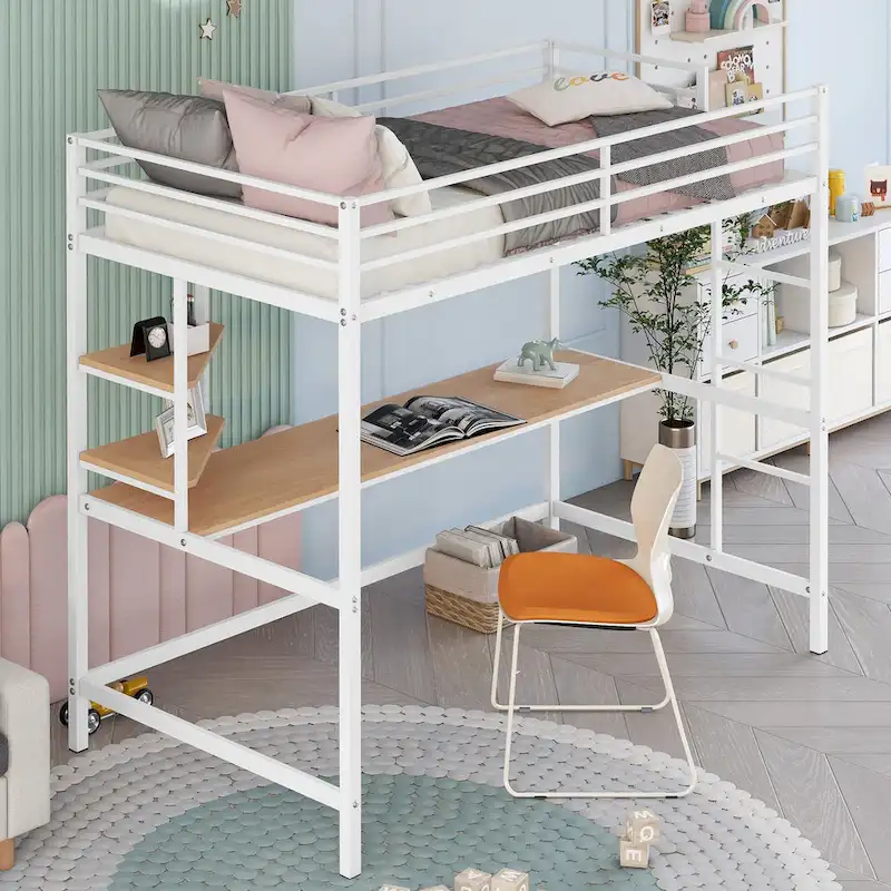 White Twin Size Metal Loft Bed with Desk, Ladder & Shelf