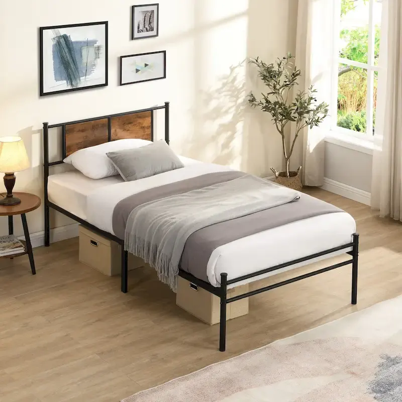 Metal Platform Bed with Wood Panel Headboard, No Box Spring, 10.8" Clearance, Twin/Full/Queen/King